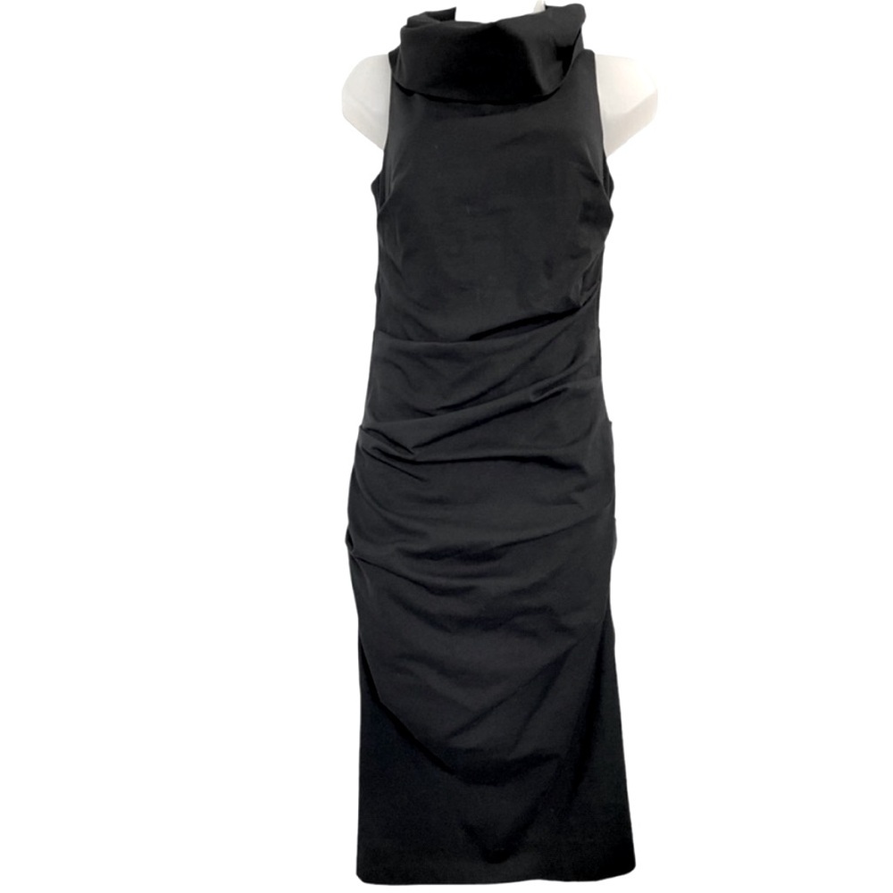 Nicole Miller Ruched Bodycone Black Midi Dress High‎ Neck Size 8